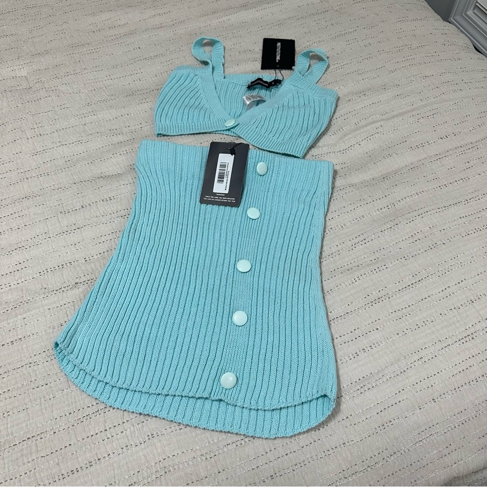 NWT PrettyLittleThing Sky Blue Ribbed Mini Skirt With Matching Top